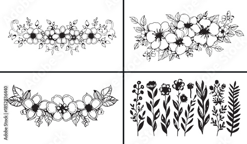 floral botanical clipart, flower pattern illustration, hand drawn floral art, botanical surface designs, nature flower textures, black white floral clipart, printable floral patterns, fabric design pa