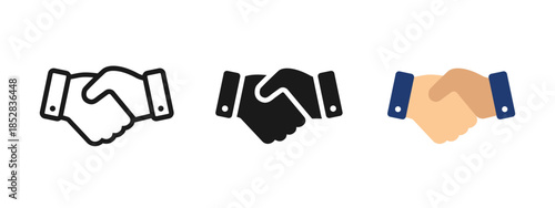 Handshake icon representing agreement, partnership, cooperation, trust and business deal. Minimal human interaction symbol in clean flat vector style.
