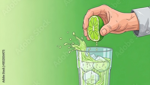 Hand Squeezing Fresh Lime into Refreshing Drink with Ice Cubes.