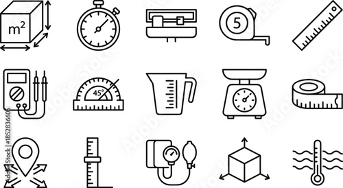   
Measurement tools icon set, area, time, weight, volume, temperature, angle, pressure, black and white line vector art