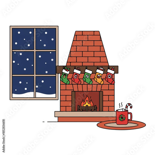 Illustration of a cozy living room with a brick fireplace, Christmas stockings, and a steaming mug on a rug beside a snowy window.