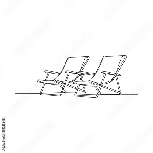 Minimalist continuous line drawing of three empty beach chairs on a white background