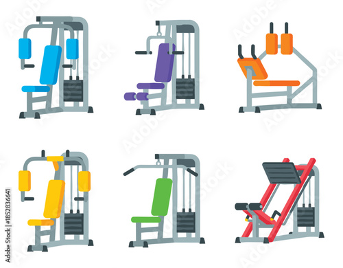 Gym equipment flat vector icons set
