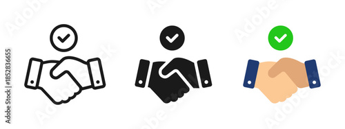 Handshake agreement icon set representing partnership, deal approval, trust and successful cooperation. Business collaboration symbol in outline, solid and colored styles for UI and web design.