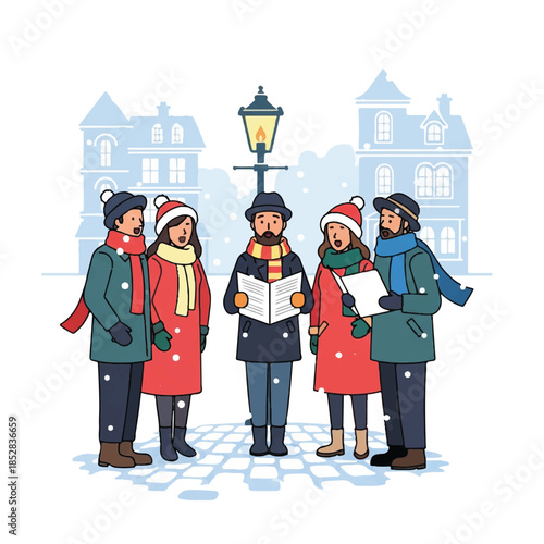 Flat illustration of a group of five people wearing winter clothing singing Christmas carols from songbooks under a street lamp with buildings in the background.