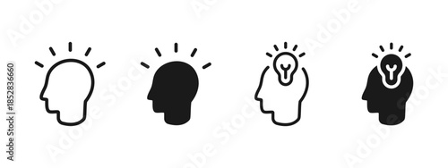 Inspiration icon. Idea and creative thinking head icon set with lightbulb symbol. Concept of innovation, inspiration, brainstorming and problem solving for business, startup and education design.