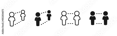 Social distance icon showing two people separated by safe space. Vector symbol for distancing, proximity control, personal space and communication range in UI and infographic design.