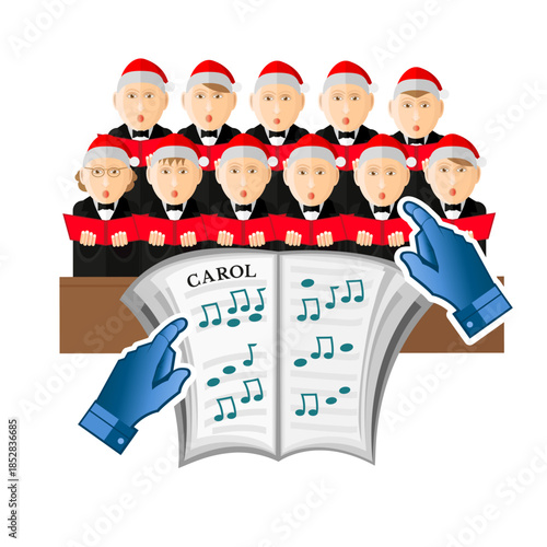 A conductor's hands in front of sheet music. The choir consists of two rows of men in black suits and christmas hats sing Carols, isolated on a white background. Vector Christmas Flat illustration