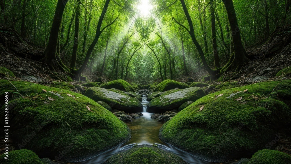 Obraz premium Forest stream flows between mossy rocks, sunbeams piercing the canopy above