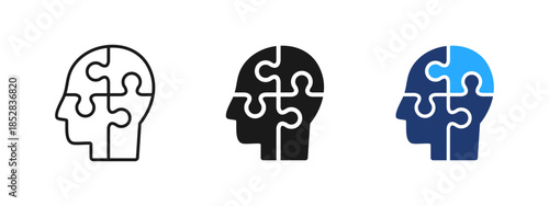 Human head puzzle icon representing brain, thinking and intelligence. Psychology, creativity, problem solving and analysis concept for business, AI, education and UI design.