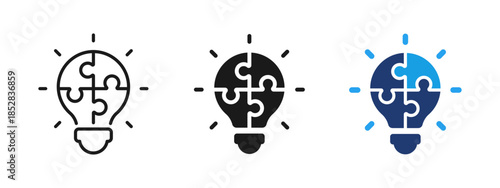 Light bulb icon with puzzle pieces inside. Business idea and solution symbol for innovation, problem solving, strategy, management and creative thinking in modern interface design.