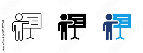 Presentation icon showing person pointing at board. Business presentation and training symbol for meetings, lectures, education, strategy explanation and corporate communication.