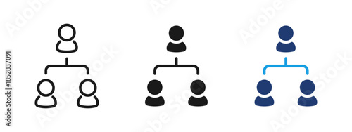 Organizational chart icon showing manager and employees in hierarchy. Business structure and leadership symbol for company management, roles distribution, workflow and corporate organization.