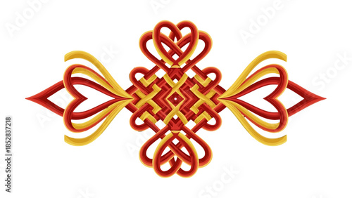 Elaborate Red and Gold Chinese Knot with Heart Elements Isolated on White Background, Luxurious Traditional Asian Decoration