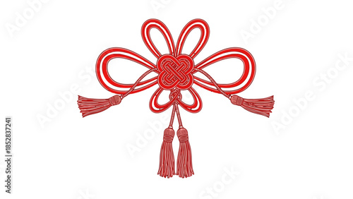 Traditional Red Chinese Knot with Tassels Isolated on White Background, Auspicious Oriental Symbol