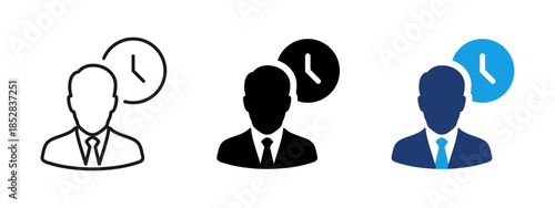 Employee icon showing office worker with clock. Business staff symbol representing working time, job schedule, corporate employee, HR, personnel and professional office work concept.