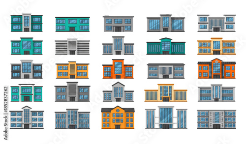 Flat office buildings vector collection for modern city illustration isolated on transparent background