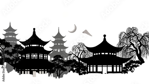 Black and White Silhouette of Traditional Chinese Pagoda Temples and Trees under Moonlit Sky in serene landscape, ideal for peaceful backdrops