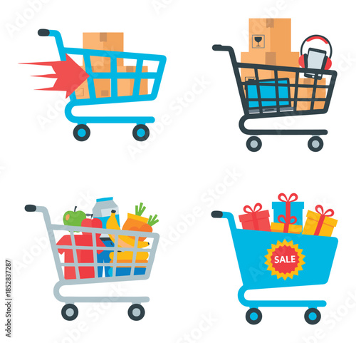Shopping carts with different contents flat icons set