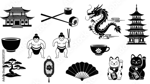 Collection of Diverse Asian Traditional Cultural Icons including Pagoda, Dragon, Sushi, Sumo Wrestlers, Lucky Cat, and Lanterns on isolated white background