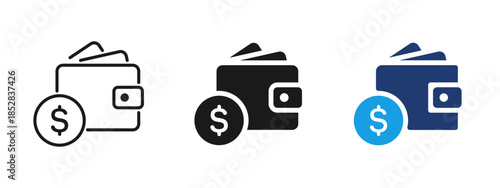 Wallet with money icon showing dollar coin. Finance symbol for payment, cash, income, budget management, banking, savings and personal financial transactions.