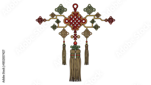 Elaborate Multi-colored Chinese Knot with Decorative Tassels on isolated white background, symbolizing good fortune and traditional craftsmanship