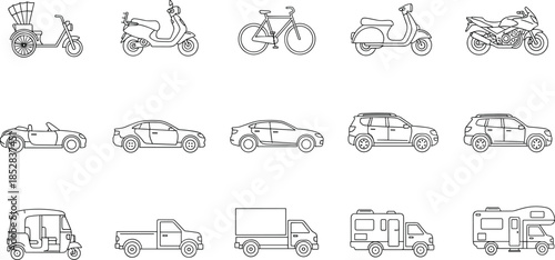 Vehicle, transport, icon, vector, black, line art, rickshaw, scooter, motorcycle, car, SUV, truck, van, motorhome, bicycle, convertible, illustration