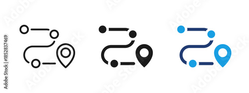 Route icon with curved path, waypoints and location pin. Navigation and destination pictogram for maps, GPS tracking, logistics, delivery services, travel planning and modern user interface design.
