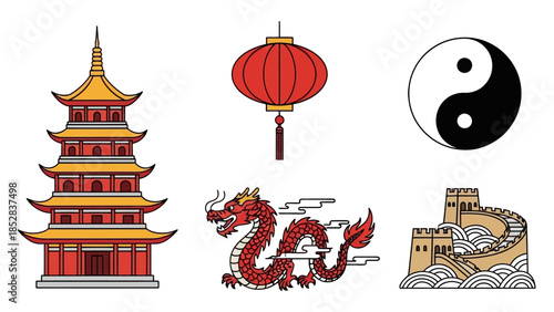 Colorful Chinese traditional cultural elements set with detailed pagoda, red lantern, red dragon, Yin Yang symbol, and Great Wall illustration, isolated white background.