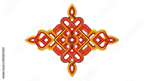 Intricate golden and red Chinese knot decorative symbol, isolated white background.
