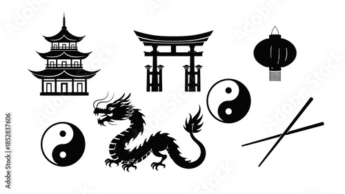 Black silhouette Chinese and Japanese cultural icons set with Torii gate, dragon, lantern, Yin Yang symbol, and chopsticks, isolated white background.