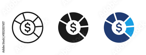 Budget allocation icon showing pie chart with dollar symbol. Financial distribution, cost analysis and money management concept for business reports, accounting, planning and investment presentations.