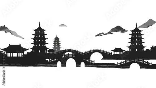 Silhouette of traditional Chinese landscape with pagodas, arched bridges, and distant mountains, panoramic view.