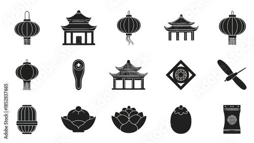 Variety of Traditional Chinese and Asian Cultural Icon Set, Lanterns, Pagodas, Lotus in Black Silhouette on Isolated White Background