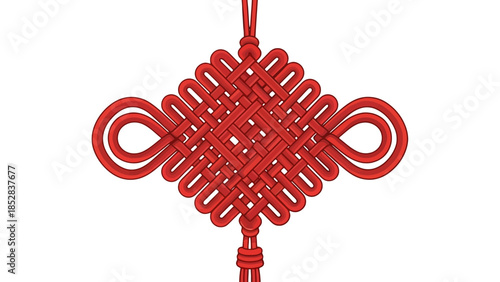 Intricate Red Woven Traditional Chinese Knot with Detailed Pattern and Classic Design on Isolated White Background