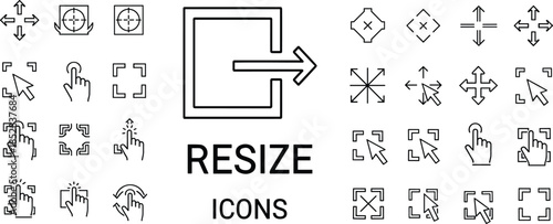 Line Style Resize and Scale Vector Icon Set Featuring Transformation Arrows, Selection Corners, Touch Gestures, and Drag Handles for User Interface Design Applications.