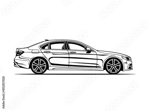 Monochrome vector illustration of a modern luxury sedan, minimalistic style, thick black contour lines, three-quarter view showing front and side, high contrast lighting, clean white background, brand
