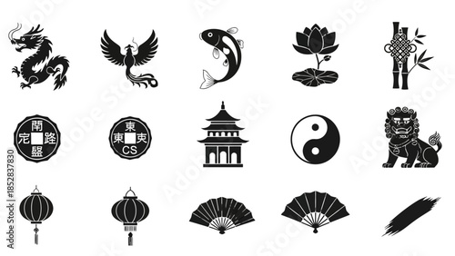 Various Chinese Culture Symbols Icon Set, Dragon, Phoenix, Pagoda, Lanterns in Black Silhouette on Isolated White Background