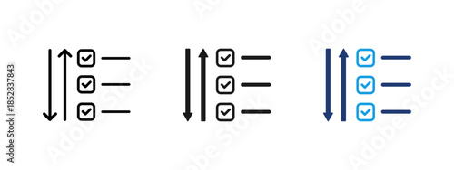 Prioritized checklist icon. Task list with check marks and up down arrows. Symbol of task management, sorting, planning and workflow organization for business, productivity and user interface design.