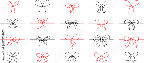 Set of thin ribbon bow knots. Decoration elements. Various bow doodles for presents, gift boxes, traditional holidays.Doodle Gift Bow. Simple Red Doodle Bows with String and Knot for Present. Simple