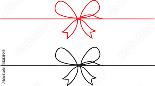 Set of thin ribbon bow knots. Decoration elements. Various bow doodles for presents, gift boxes, traditional holidays.Doodle Gift Bow. Simple Red Doodle Bows with String and Knot for Present. Simple