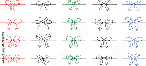 Set of thin ribbon bow knots. Decoration elements. Various bow doodles for presents, gift boxes, traditional holidays.Doodle Gift Bow. Simple Red Doodle Bows with String and Knot for Present. Simple