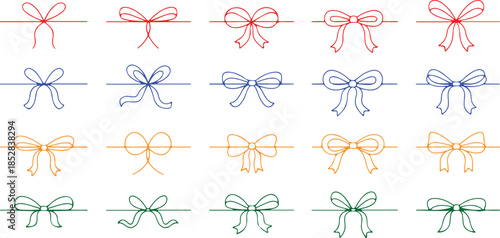 Red line bows on ribbon for gift decoration. String with rope knots in doodle style,Large set of hand drawn red ribbon bow knots. Decoration elements.