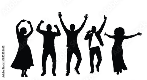 Silhouettes of people dancing and celebrating on white background vector