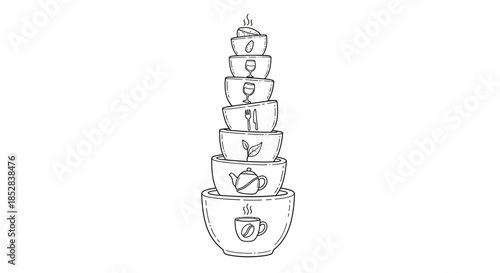 Stack of bowls with food and drink icons, a black and white line art illustration.