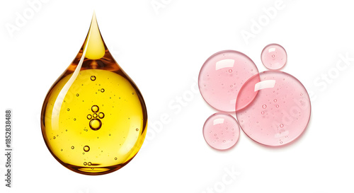 Golden Cosmetic Oil Drop and Pink Serum Liquid Bubbles