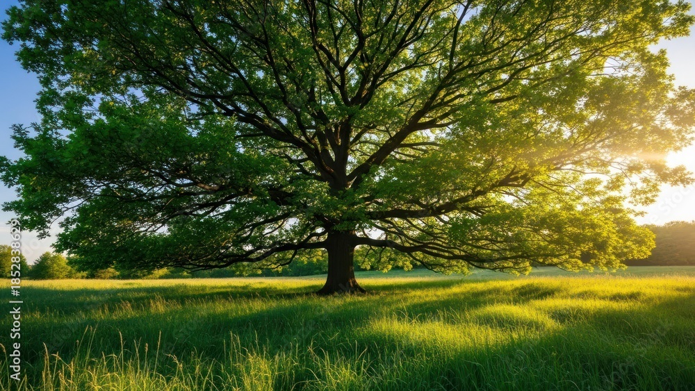 Fototapeta premium Majestic tree with lush green leaves stands in a sunlit grassy field
