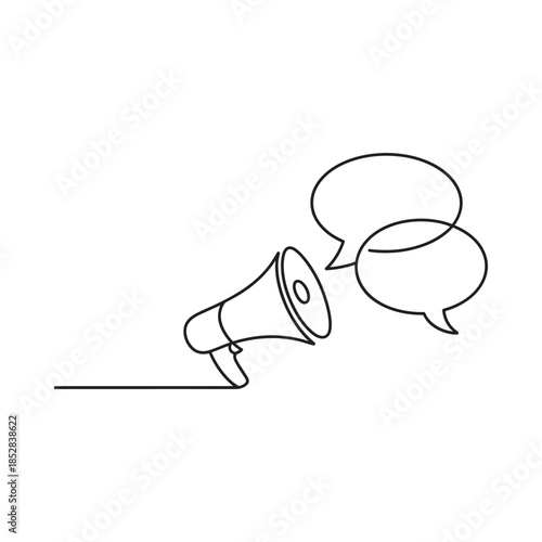 Simple line drawing of a megaphone broadcasting into speech bubbles