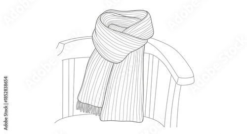 Cozy knitted wool scarf draped over a chair, line art illustration