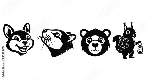 Black and white vector illustrations of a husky, ferret, bear, and squirrel with backpack and lantern on white background